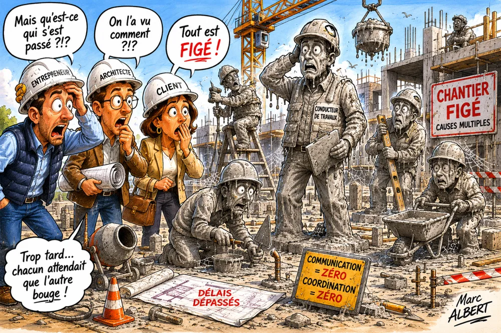 Dessin : un chantier entièrement figé dans le béton faute de coordination, entrepreneur, architecte et client stupéfaits.