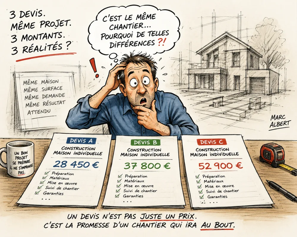 Dessin : un chef d'entreprise perplexe devant trois devis d'un même chantier à des montants très différents.