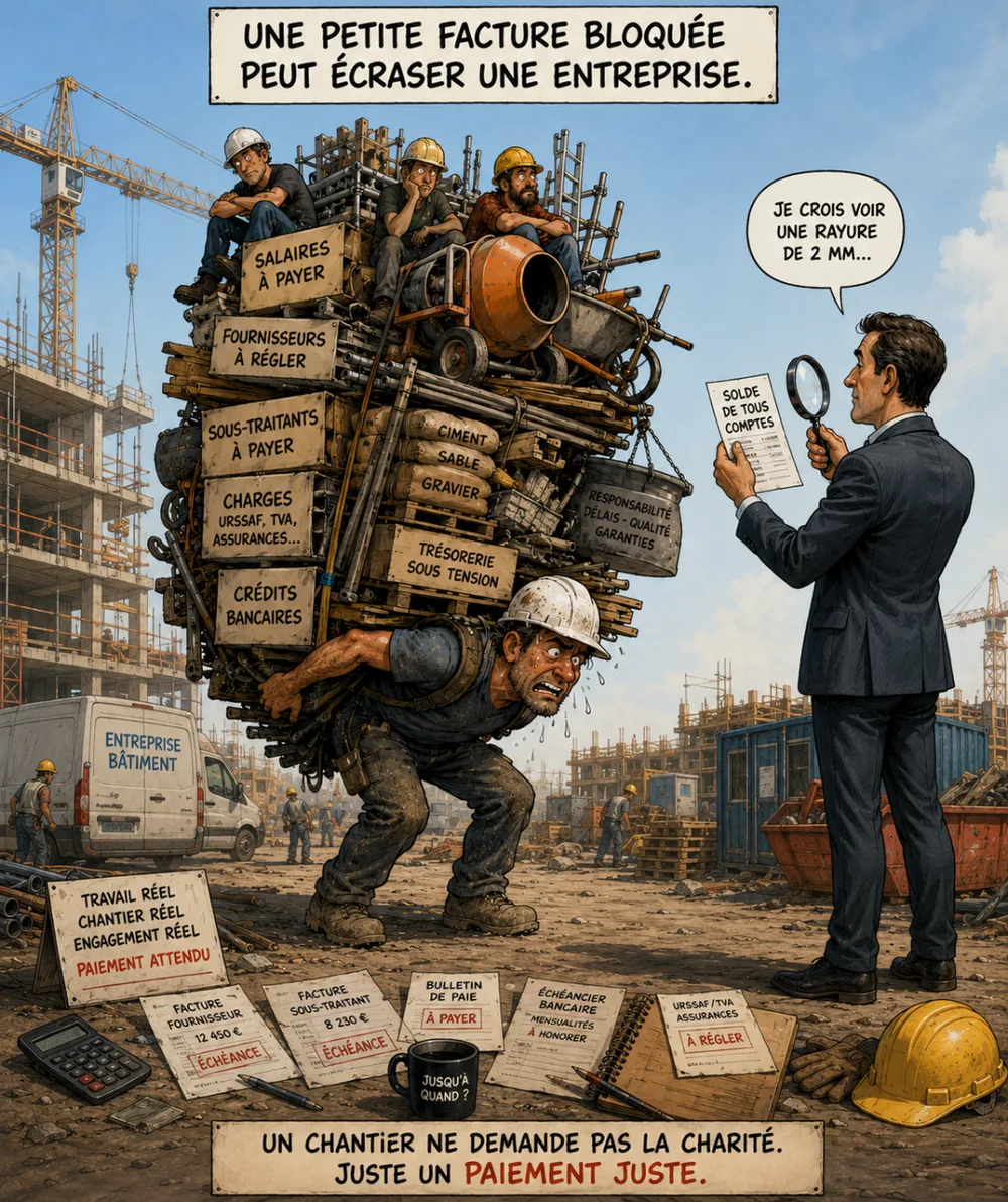 Dessin : un artisan ploie sous une charge géante de factures et de charges pendant qu'un décideur cherche un prétexte pour ne pas payer.
