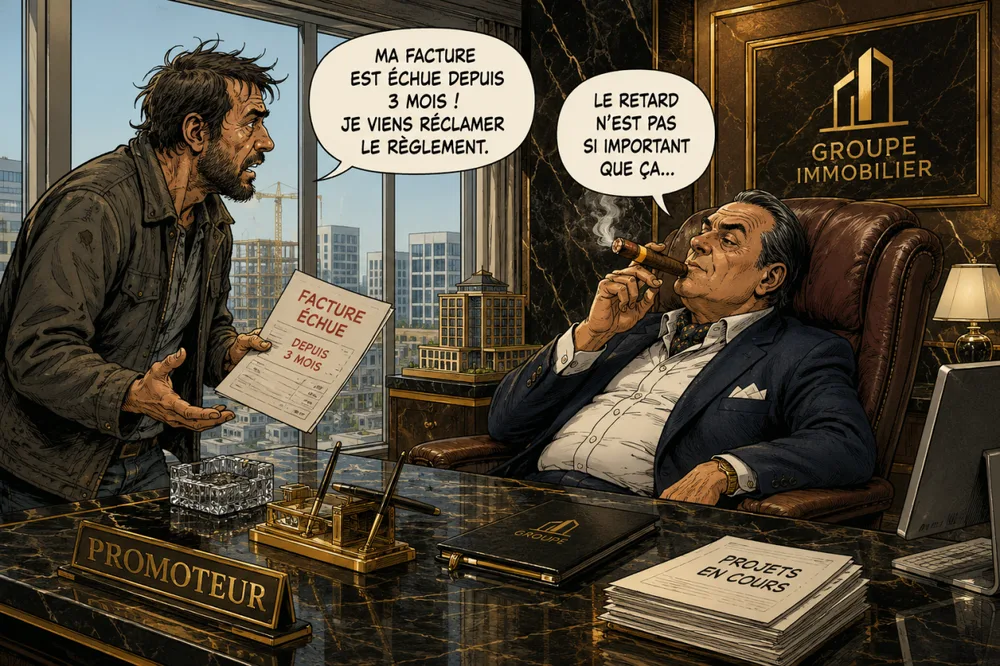 Dessin : un artisan présente sa facture émise et son règlement toujours en attente face à un donneur d'ordre embarrassé.