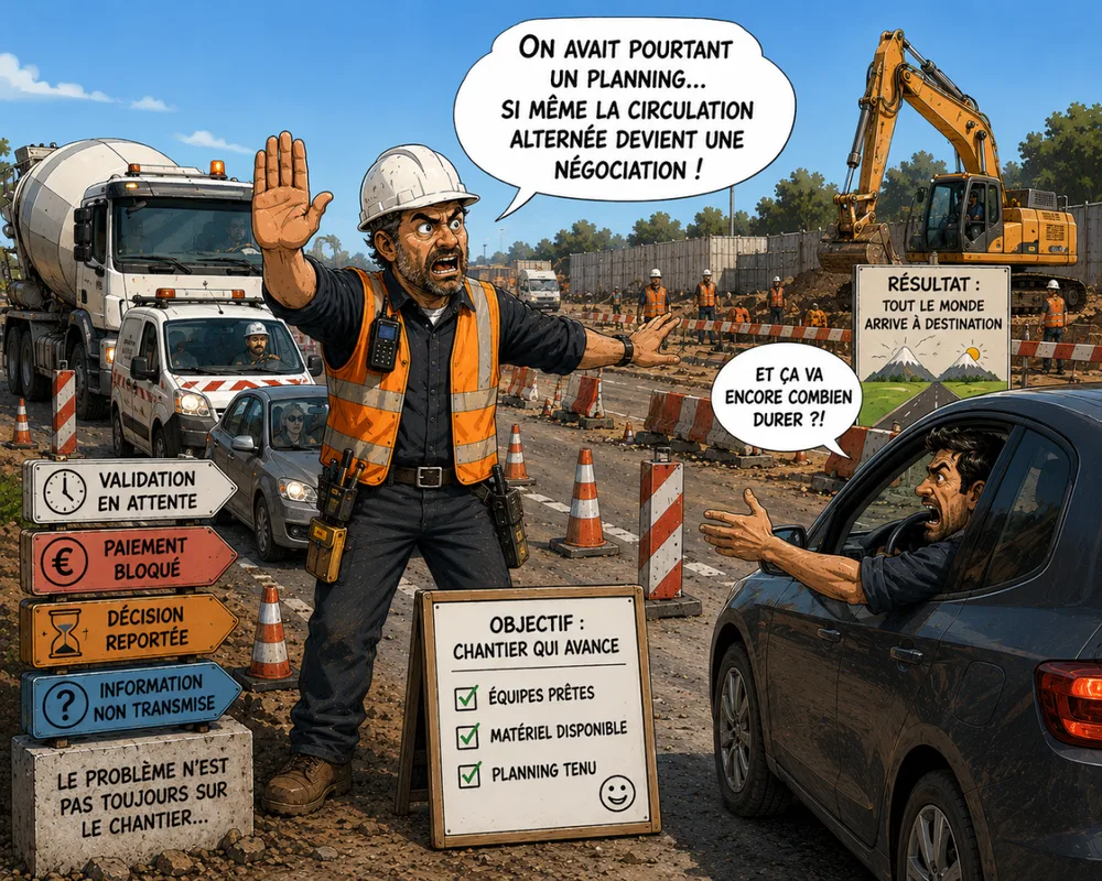 Dessin : un conducteur de travaux gère une circulation alternée bloquée par des décisions en attente, pas par le chantier lui-même.