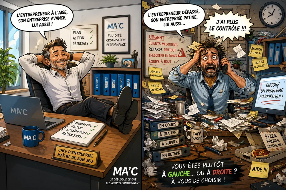 Dessin en diptyque : à gauche un dirigeant organisé et serein, à droite un dirigeant débordé et submergé.