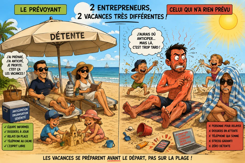 Dessin en diptyque : l'entrepreneur prévoyant détendu à la plage, celui qui n'a rien anticipé rattrapé par ses dossiers.